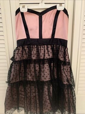 ARDAN B. Pink with  Strapless Polka Dot Tulle Dress with Black Trim